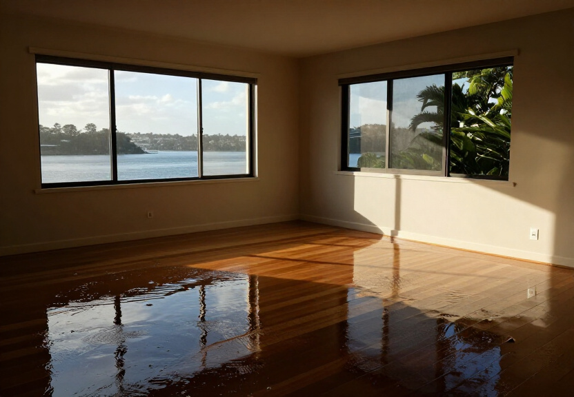 Flooded living room in Mays Hill before restoration